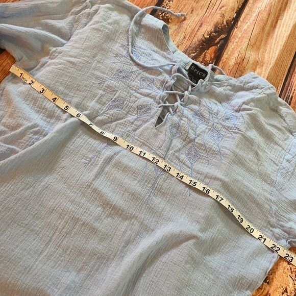 Pale Blue Cheesecloth Boho Embroidered Peasant Blouse - Picture 6 of 9